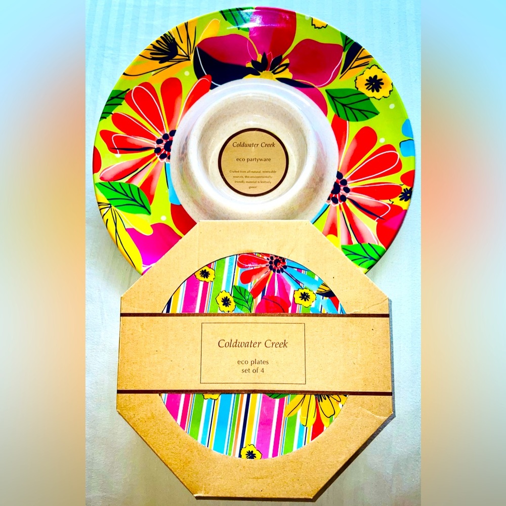 Eco Bamboo Floral Set of 4 Plates & Partyware Chip Dip NEW